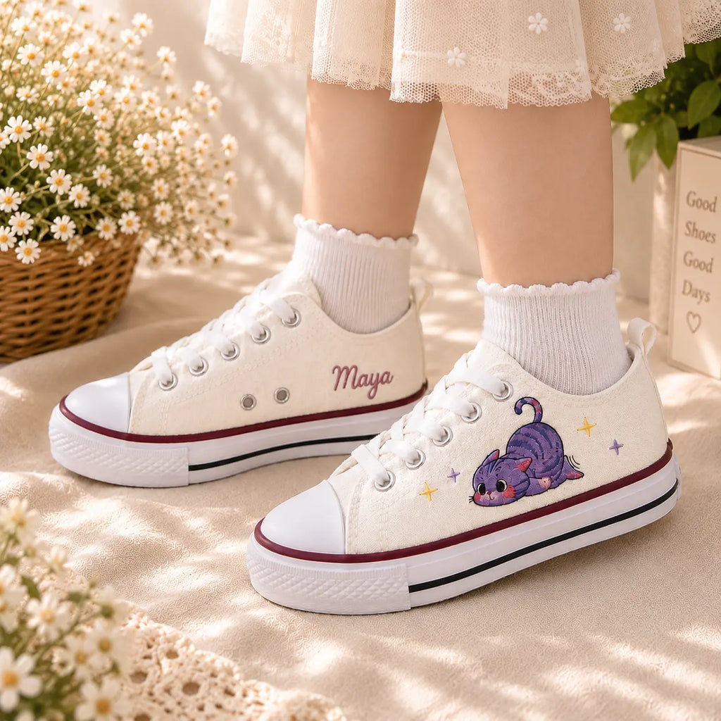Custom Kids Sneakers Purple Cat Embroidery