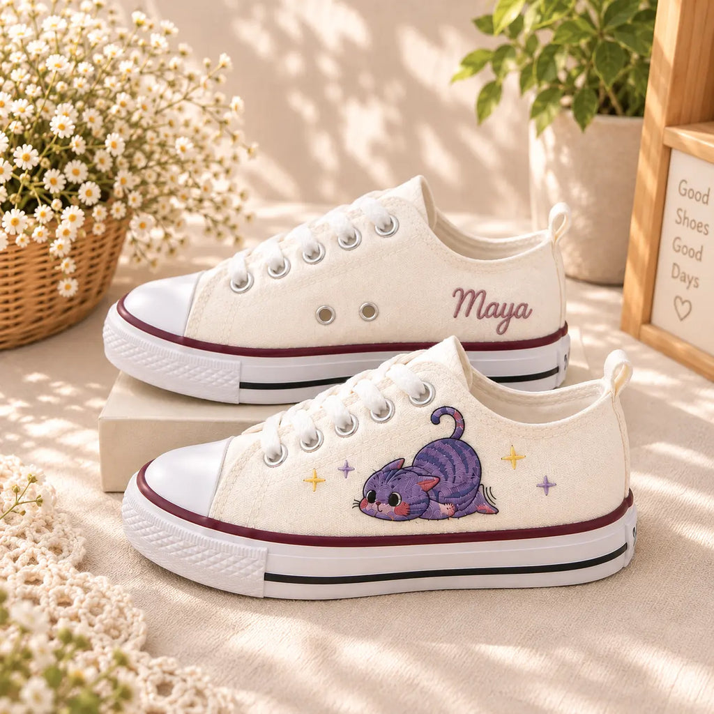 Custom Kids Sneakers Purple Cat Embroidery