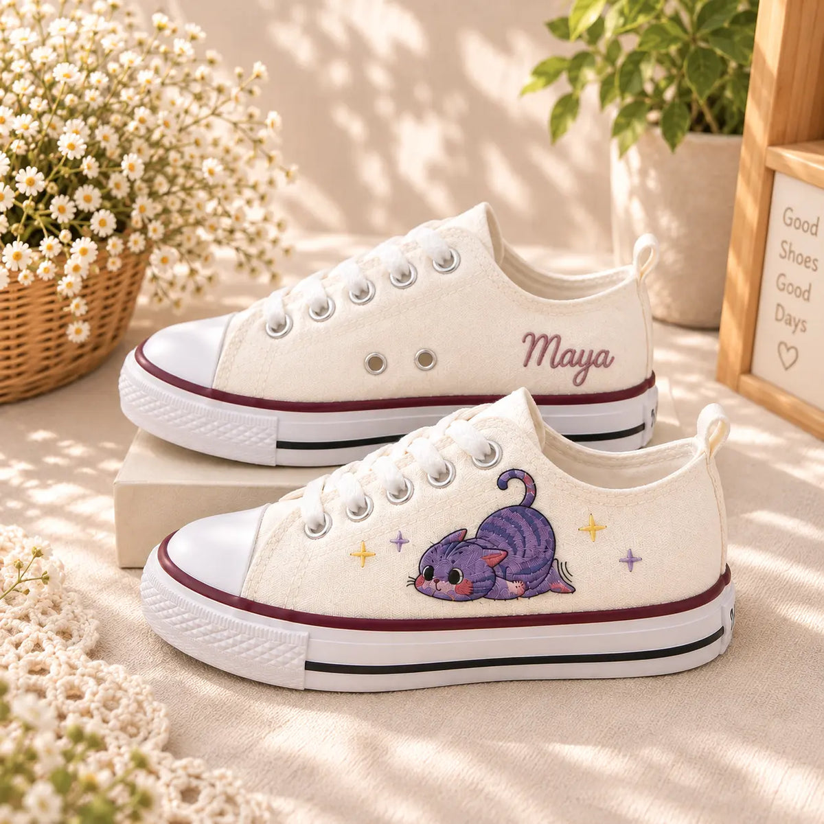Custom Kids Sneakers Purple Cat Embroidery