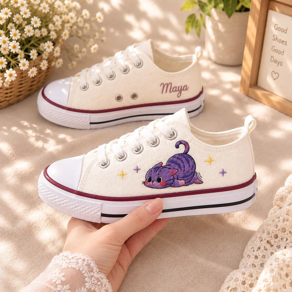 Custom Kids Sneakers Purple Cat Embroidery