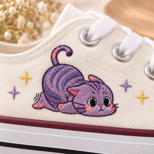 Custom Kids Sneakers Purple Cat Embroidery