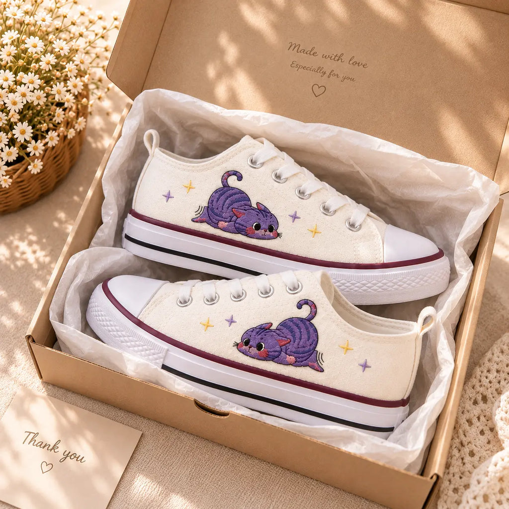 Custom Kids Sneakers Purple Cat Embroidery