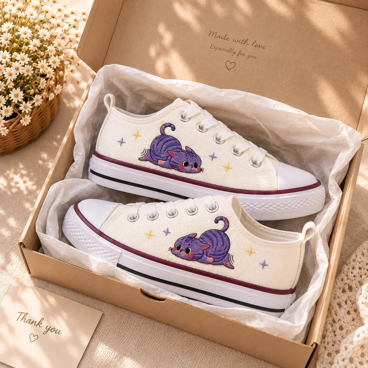 Custom Kids Sneakers Purple Cat Embroidery