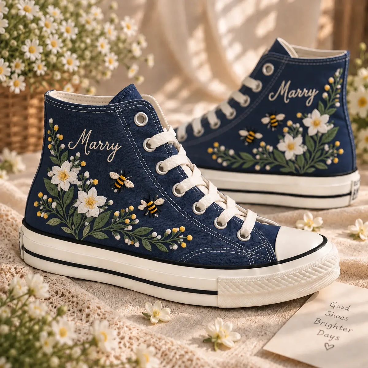Custom Marry Daisy Bee Embroidered High Tops