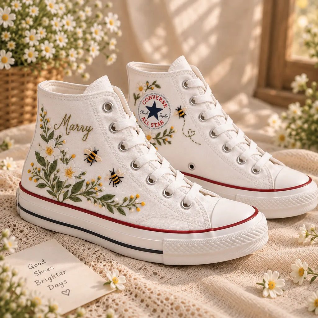 Custom Marry Daisy Bee Embroidered High Tops