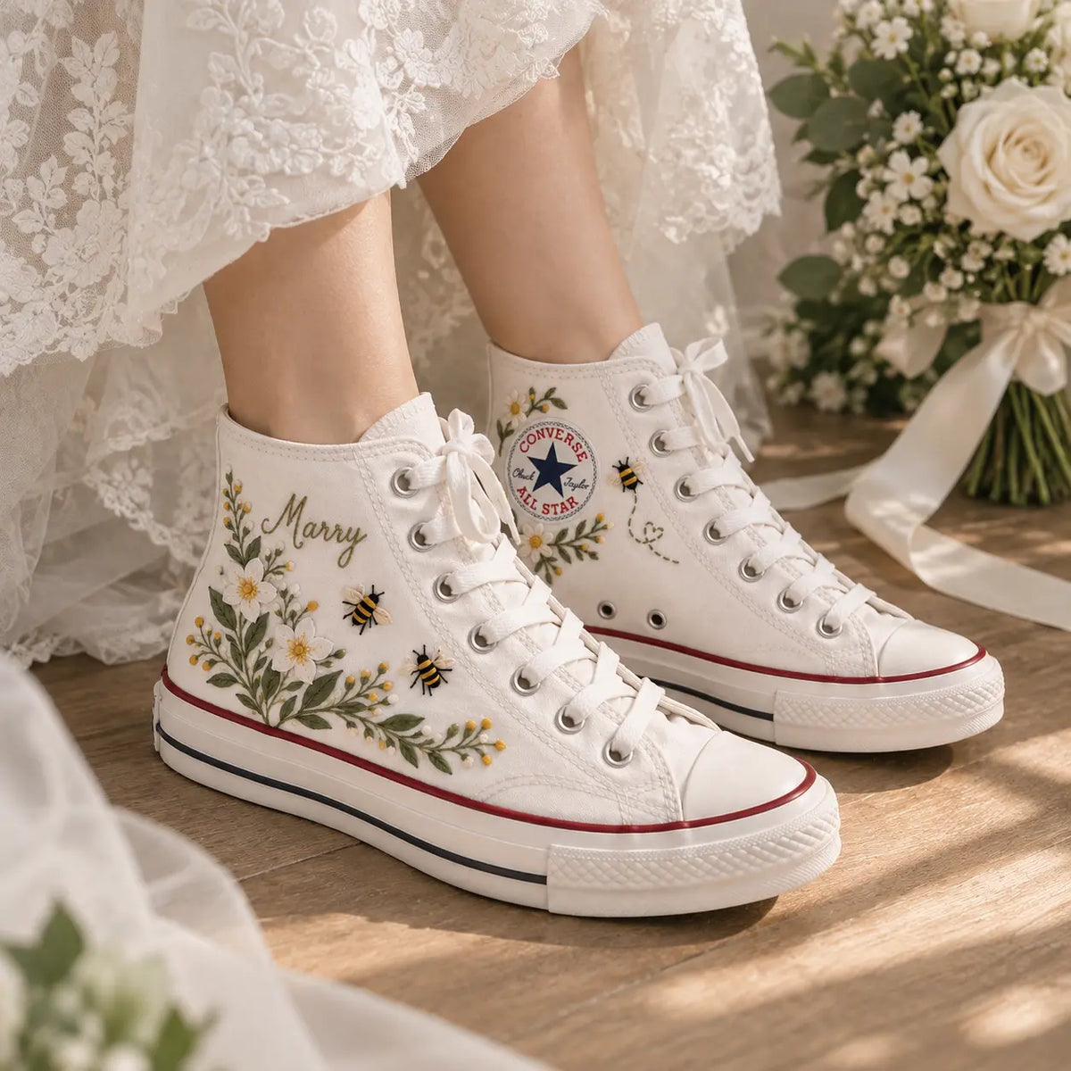 Custom Marry Daisy Bee Embroidered High Tops