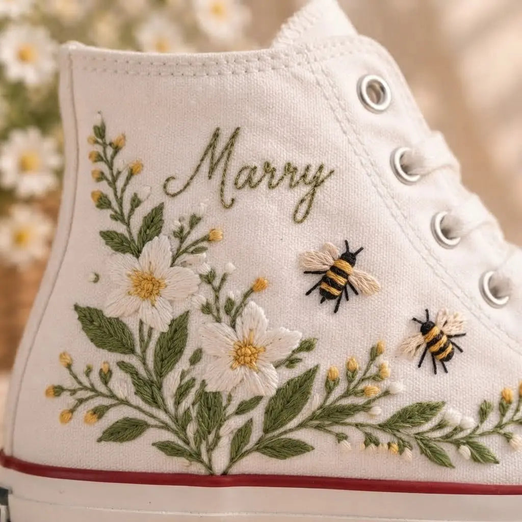 Custom Marry Daisy Bee Embroidered High Tops