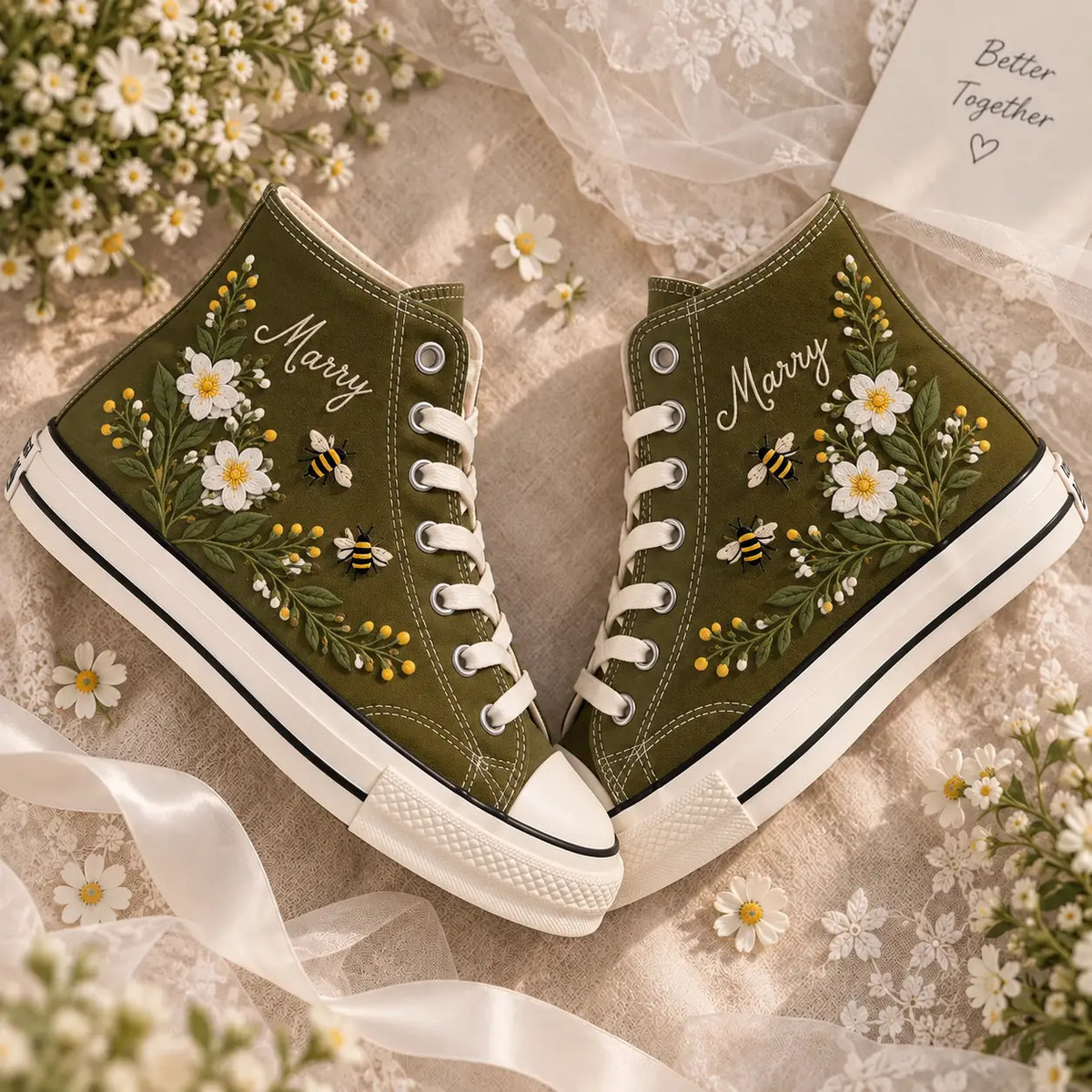 Custom Marry Daisy Bee Embroidered High Tops