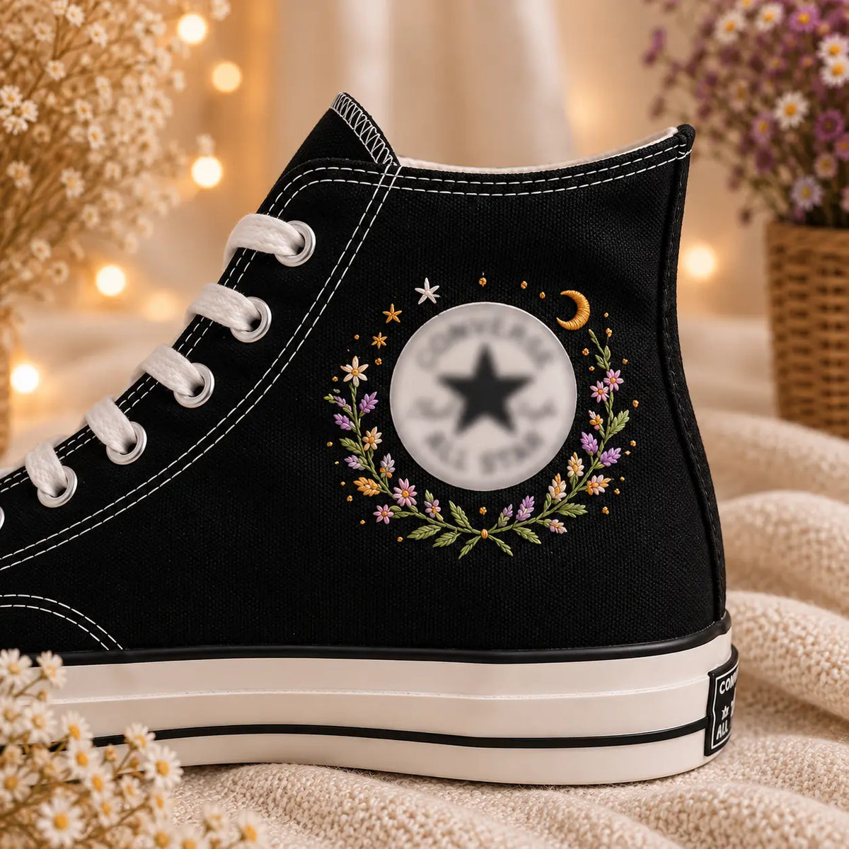 Custom Moon Flower Embroidered Wedding Sneakers