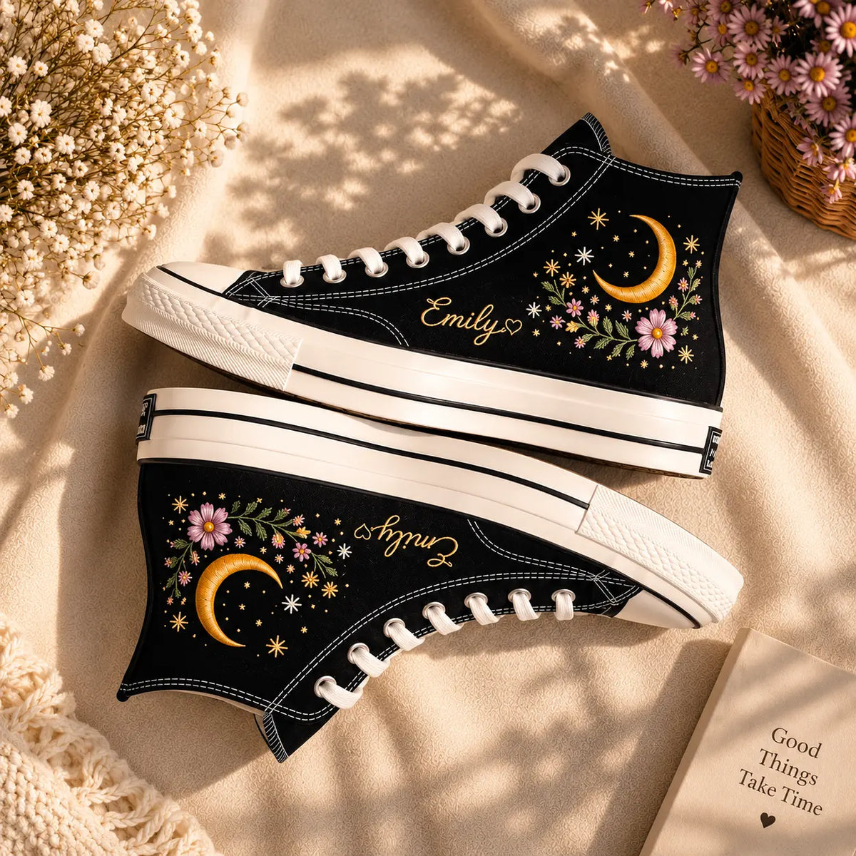 Custom Moon Flower Embroidered Wedding Sneakers