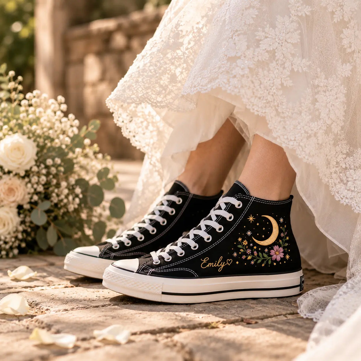 Custom Moon Flower Embroidered Wedding Sneakers