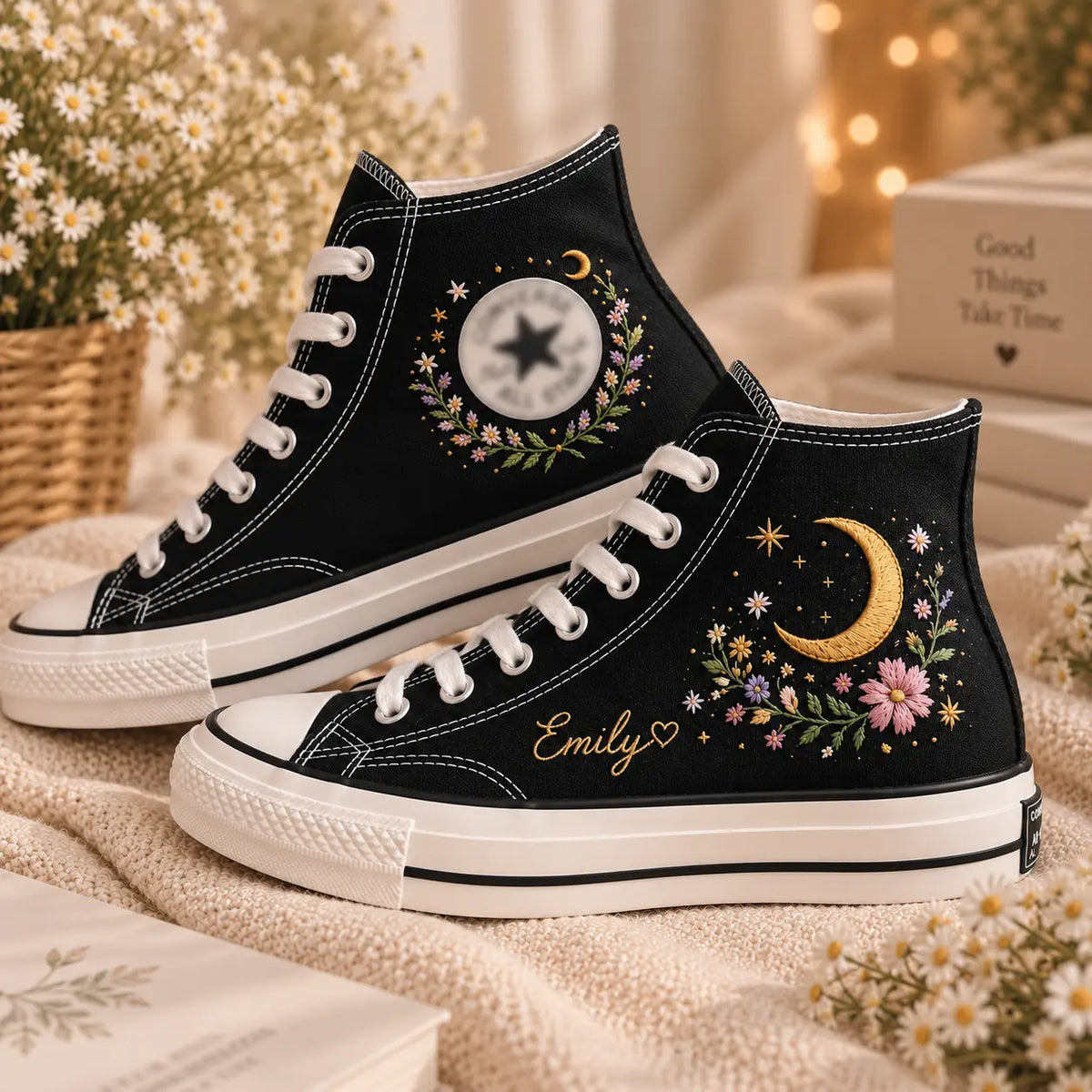 Custom Moon Flower Embroidered Wedding Sneakers