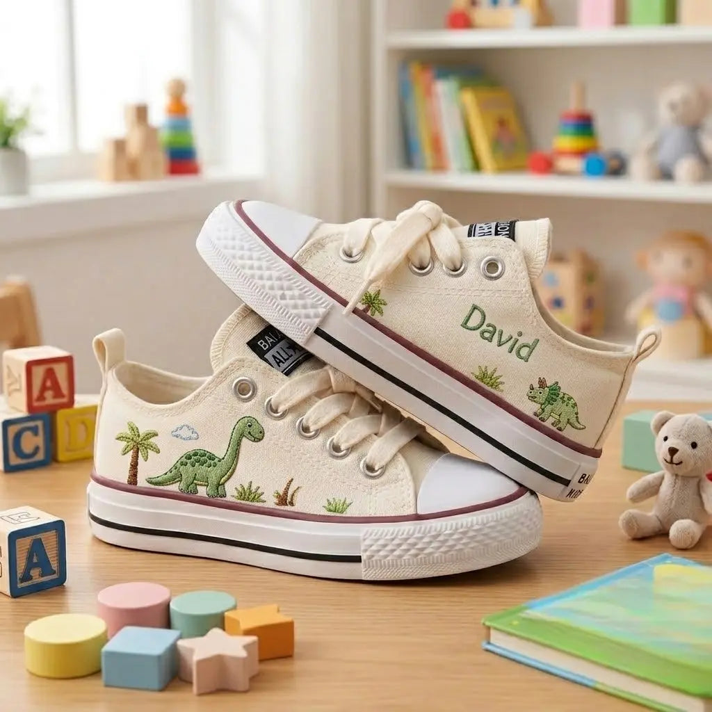 Custom Name Dino Hand Embroidered Sneakers
