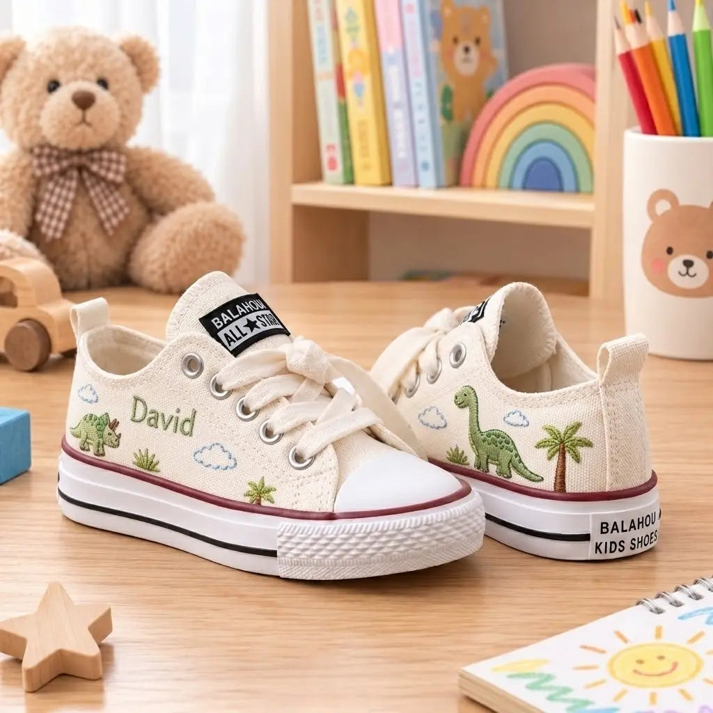 Custom Name Dino Hand Embroidered Sneakers