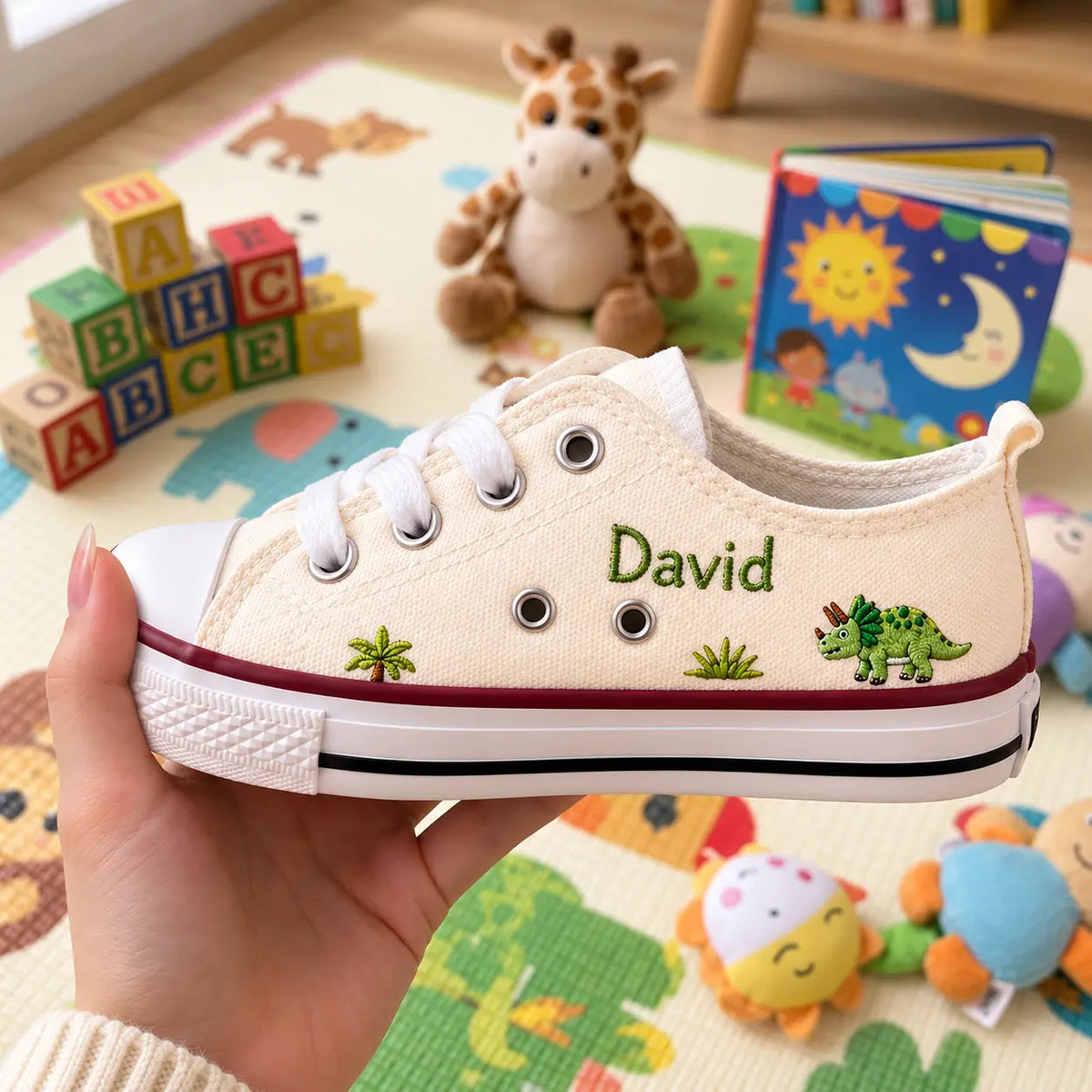 Custom Name Dino Hand Embroidered Sneakers