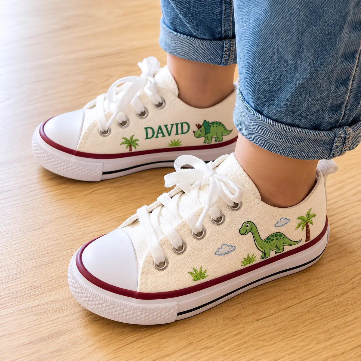Custom Name Dino Hand Embroidered Sneakers