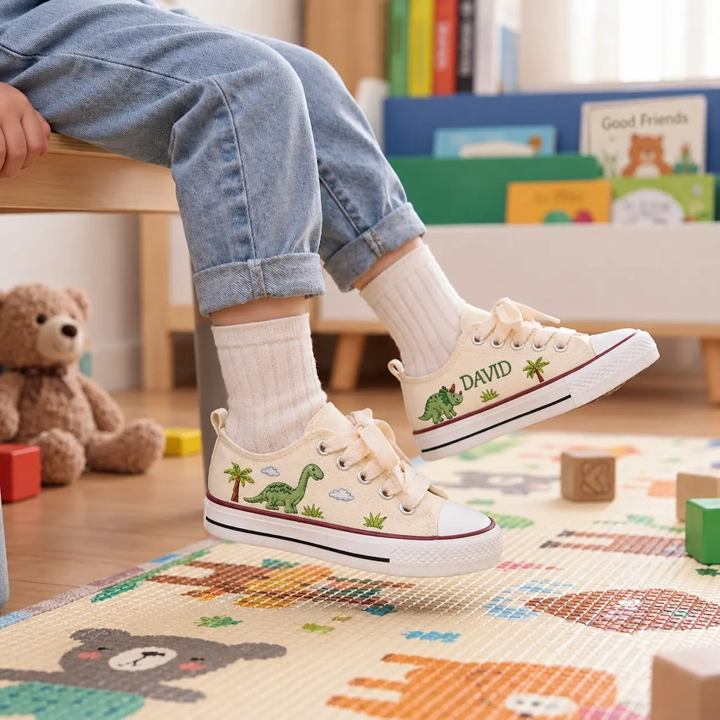 Custom Name Dino Hand Embroidered Sneakers