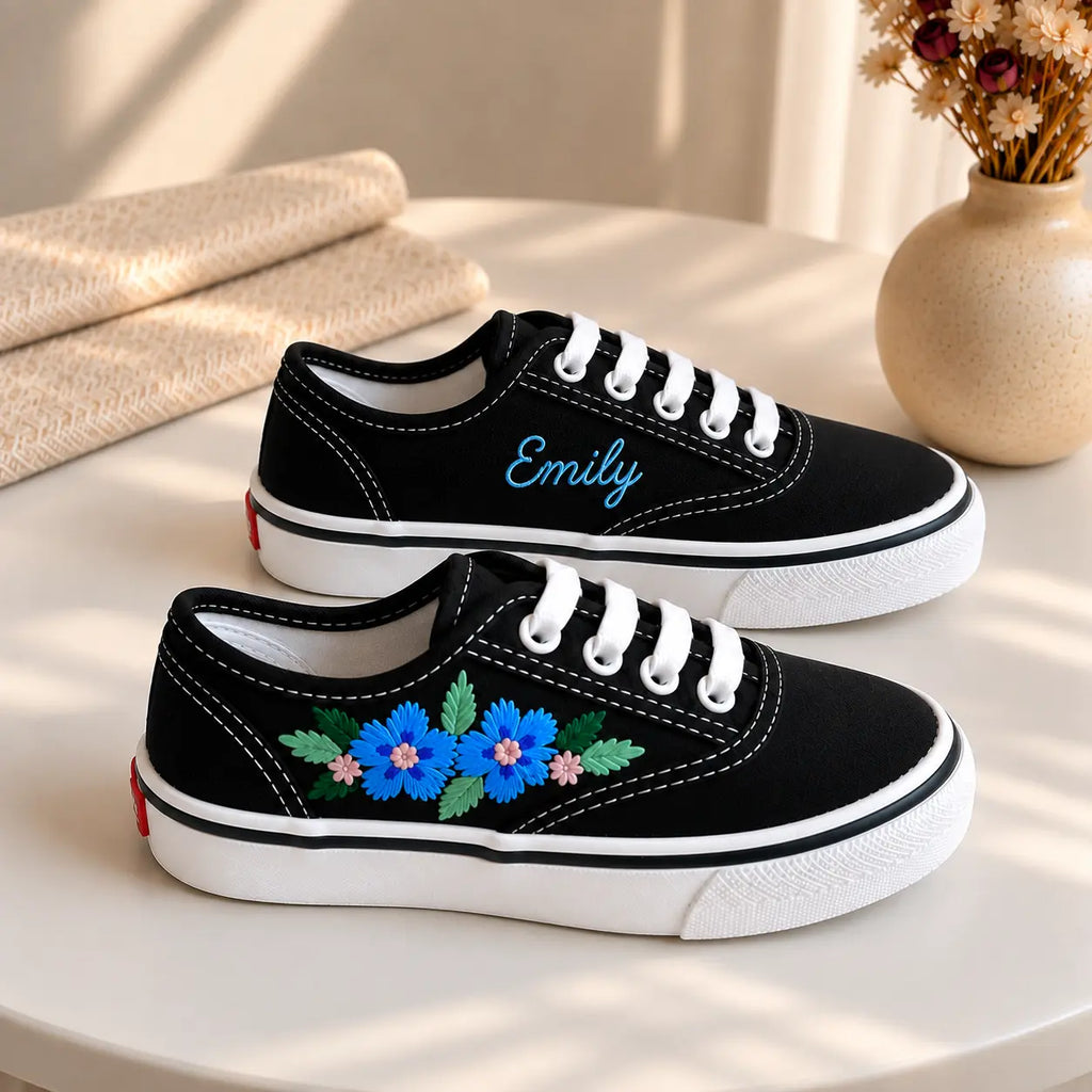 Custom Name Floral Embroidered Kids Sneakers