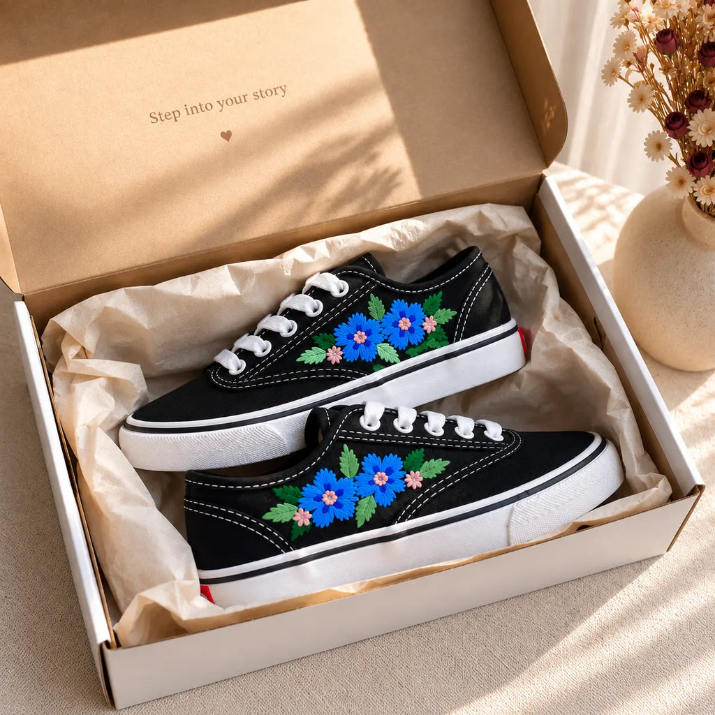 Custom Name Floral Embroidered Kids Sneakers