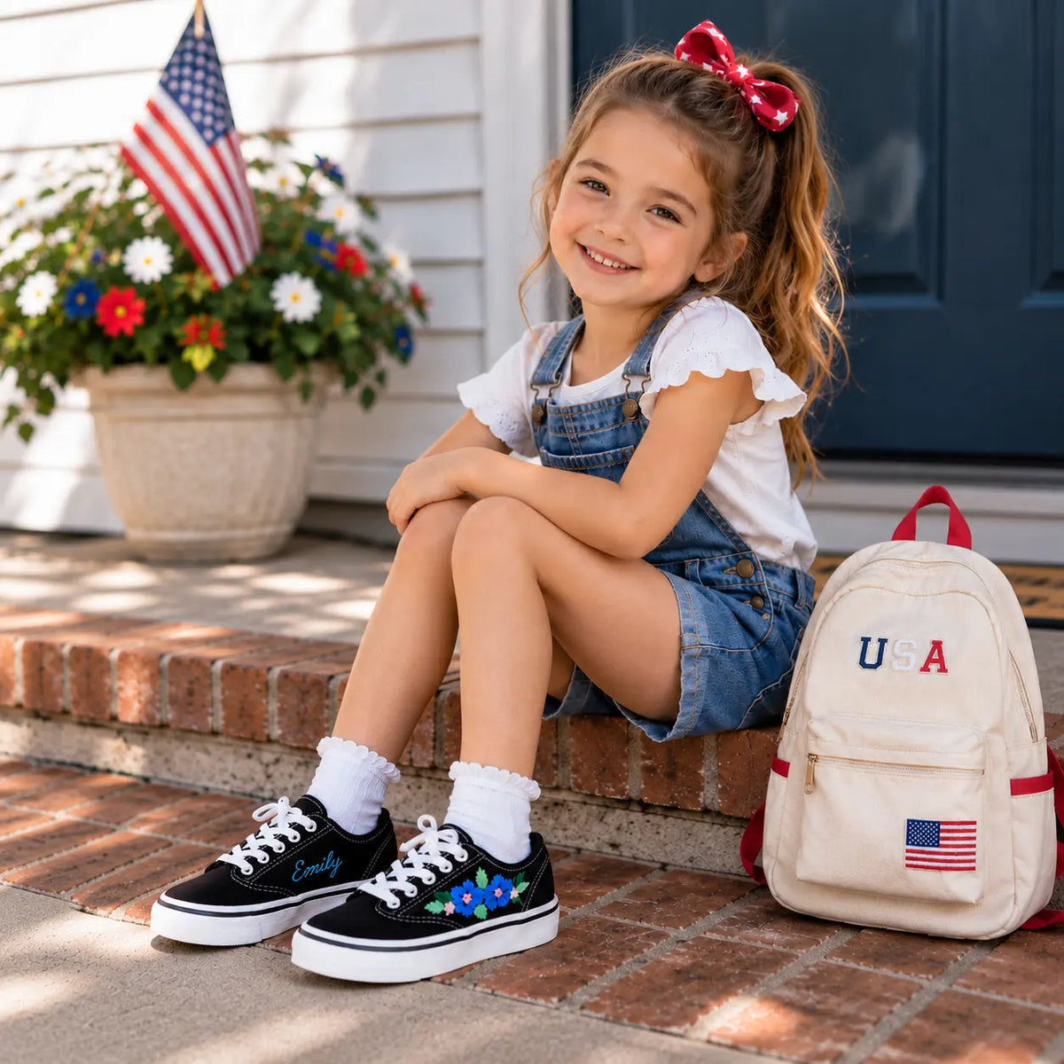 Custom Name Floral Embroidered Kids Sneakers