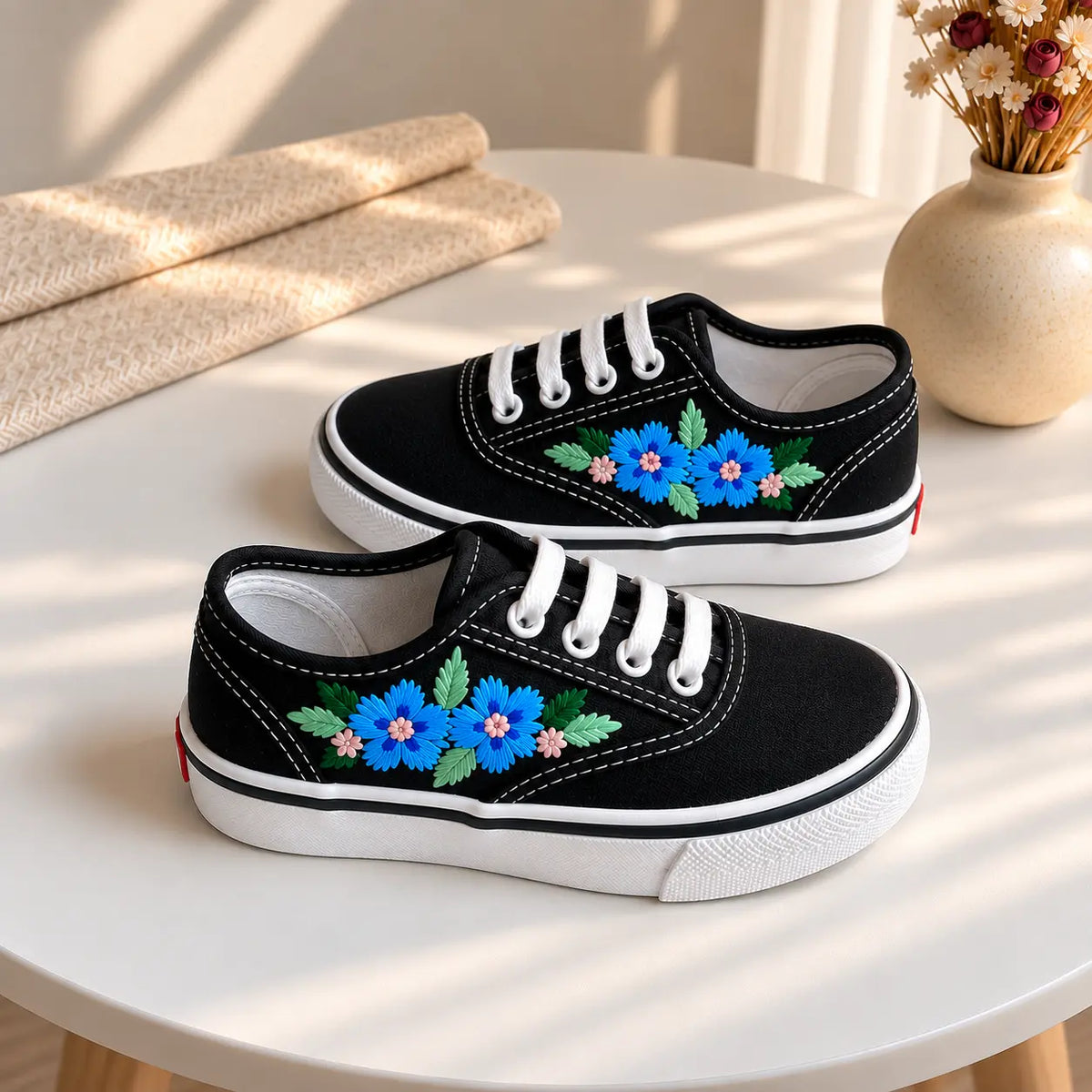 Custom Name Floral Embroidered Kids Sneakers