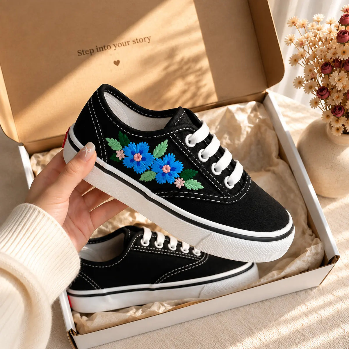 Custom Name Floral Embroidered Kids Sneakers