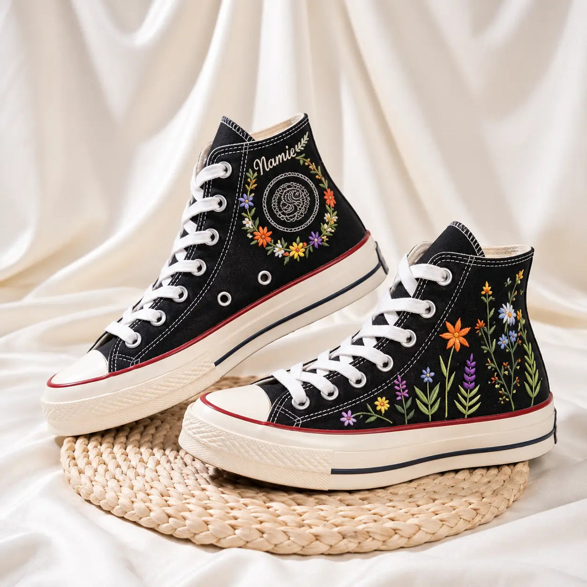 Custom Name Hydrangea Hand Embroidered Sneakers