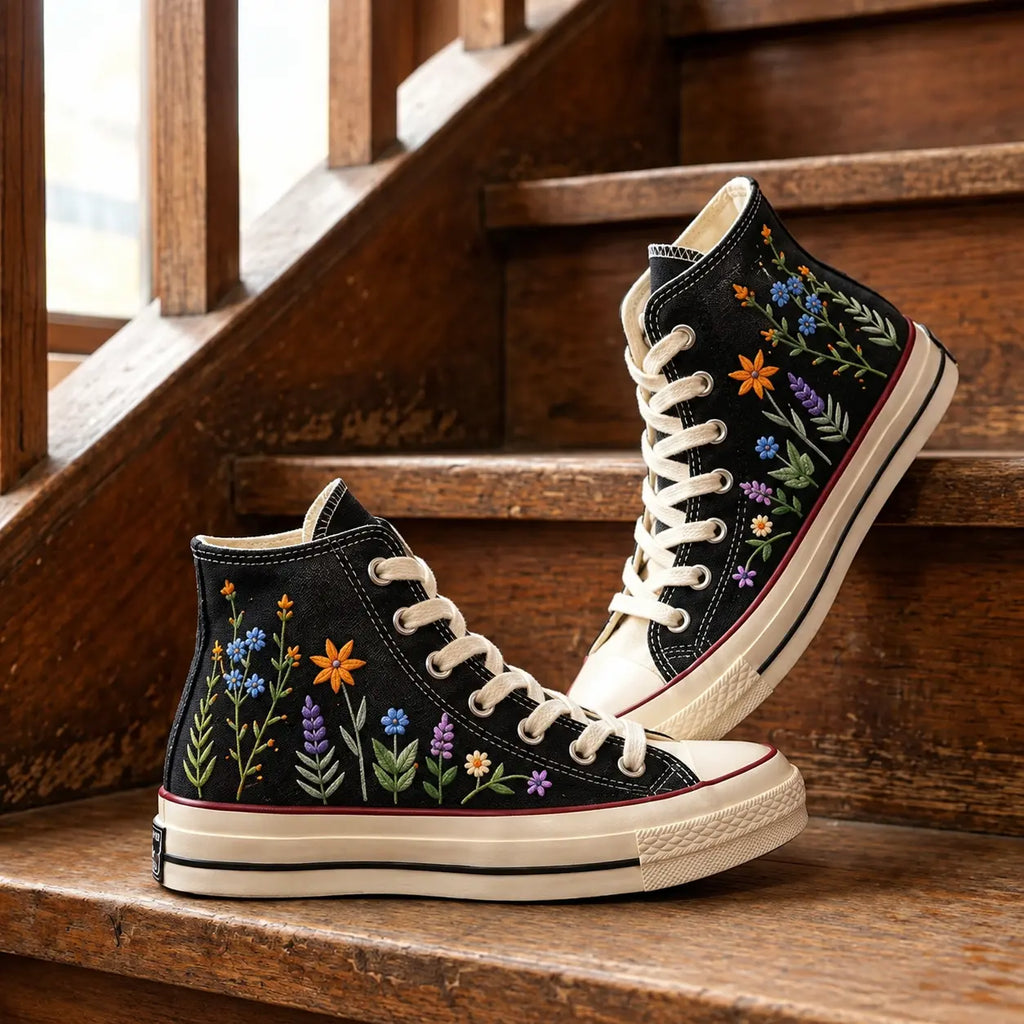 Custom Name Hydrangea Hand Embroidered Sneakers