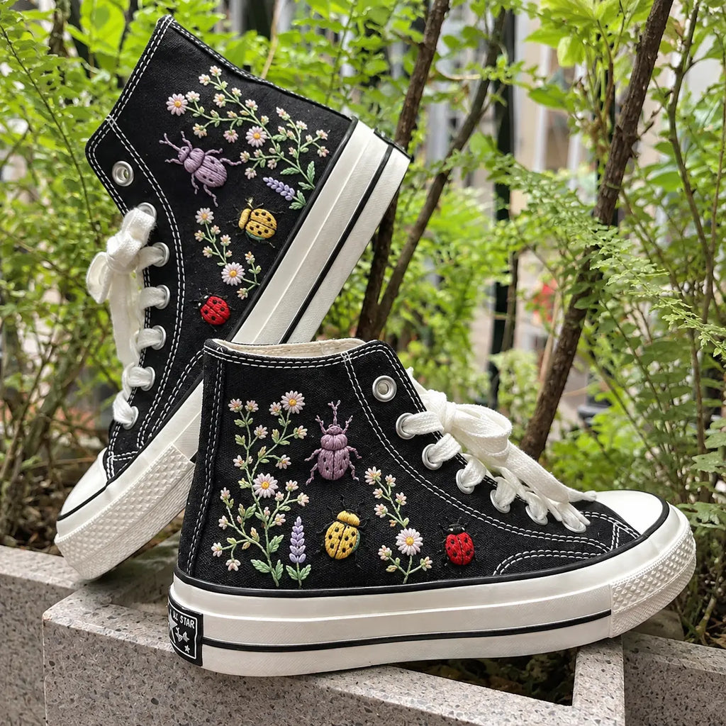 Custom Name Ladybug Hand Embroidered Sneakers