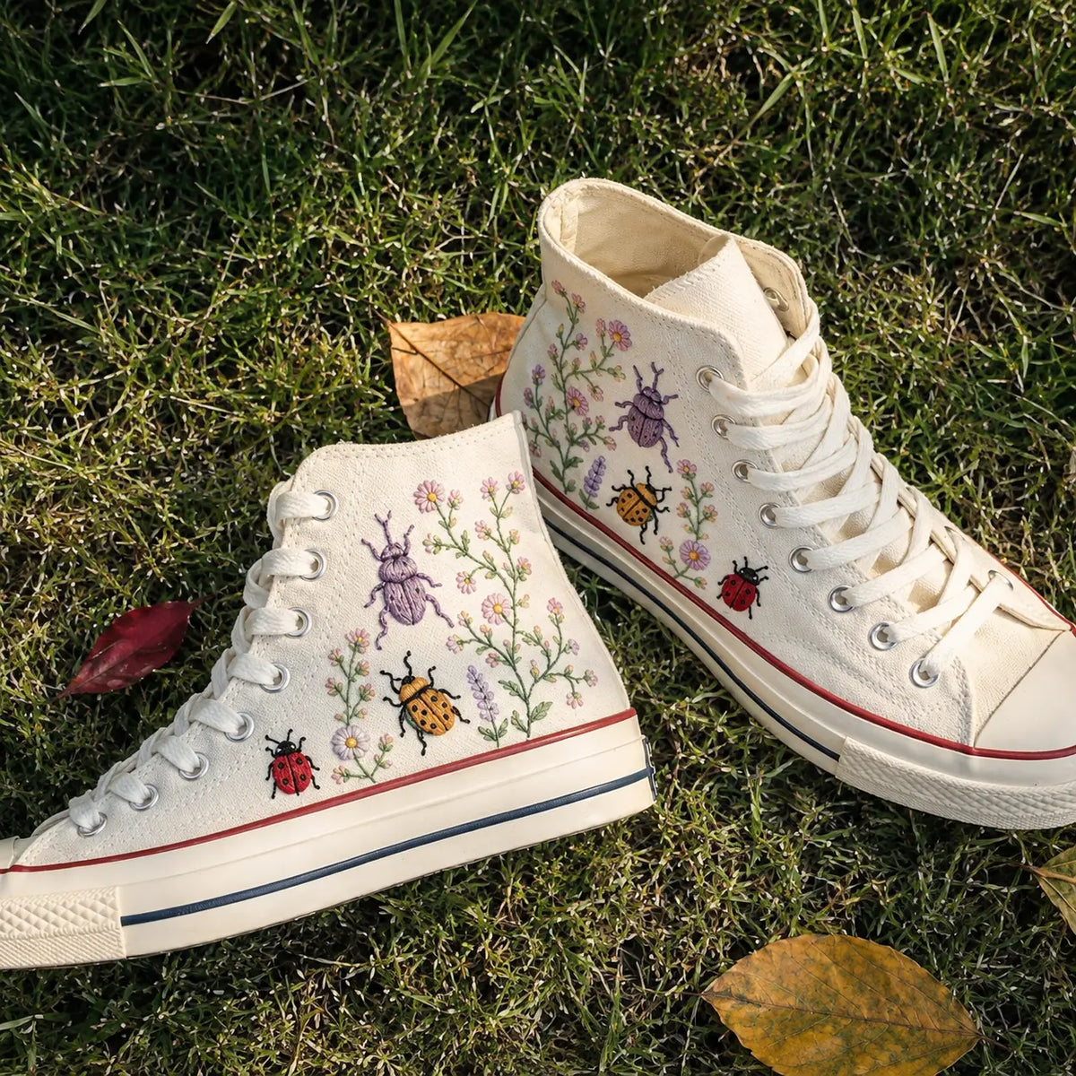 Custom Name Ladybug Hand Embroidered Sneakers