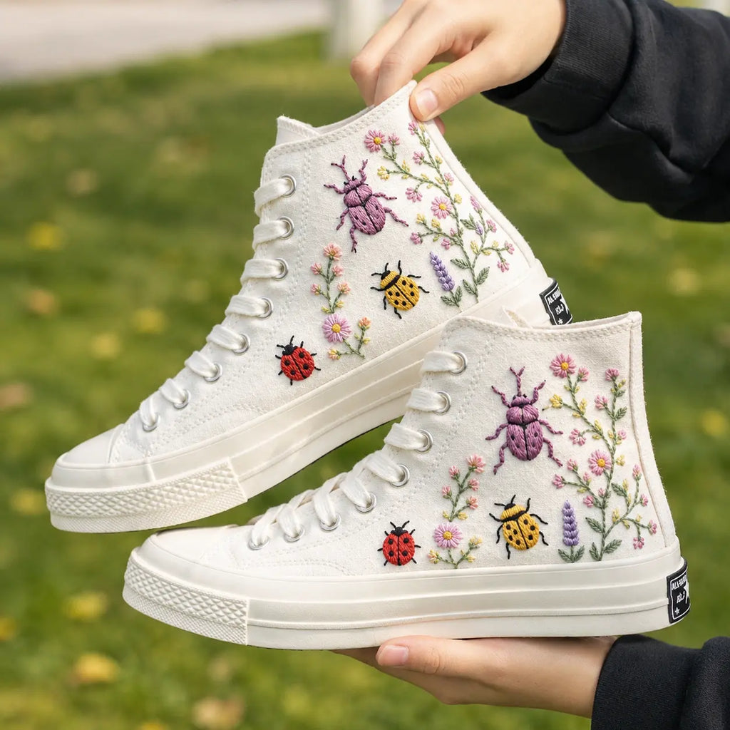 Custom Name Ladybug Hand Embroidered Sneakers