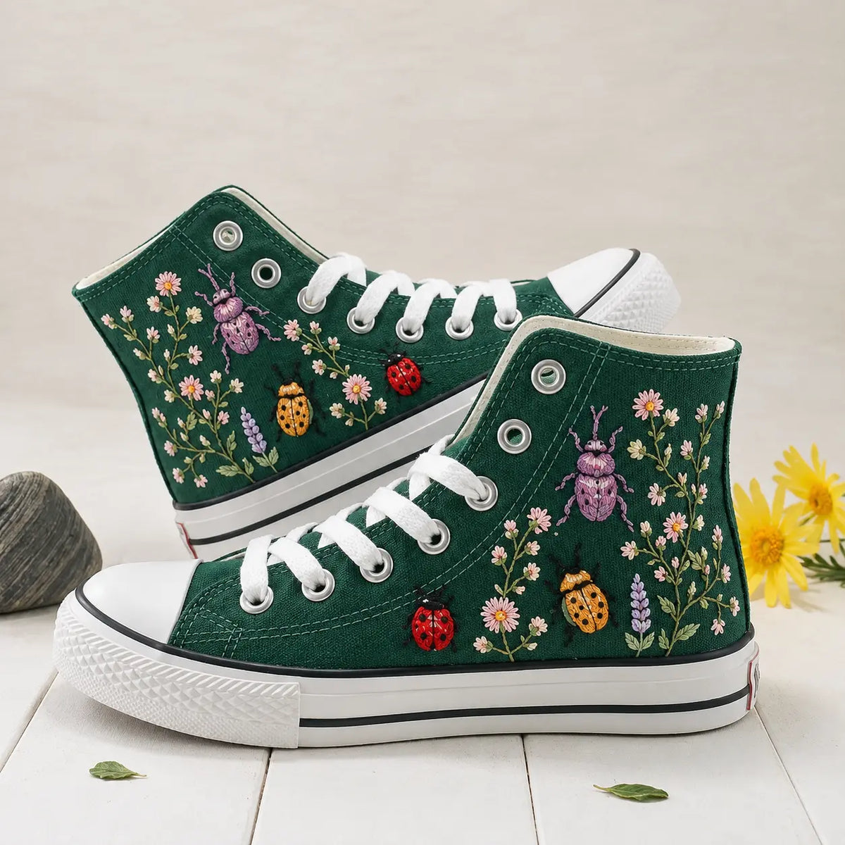 Custom Name Ladybug Hand Embroidered Sneakers