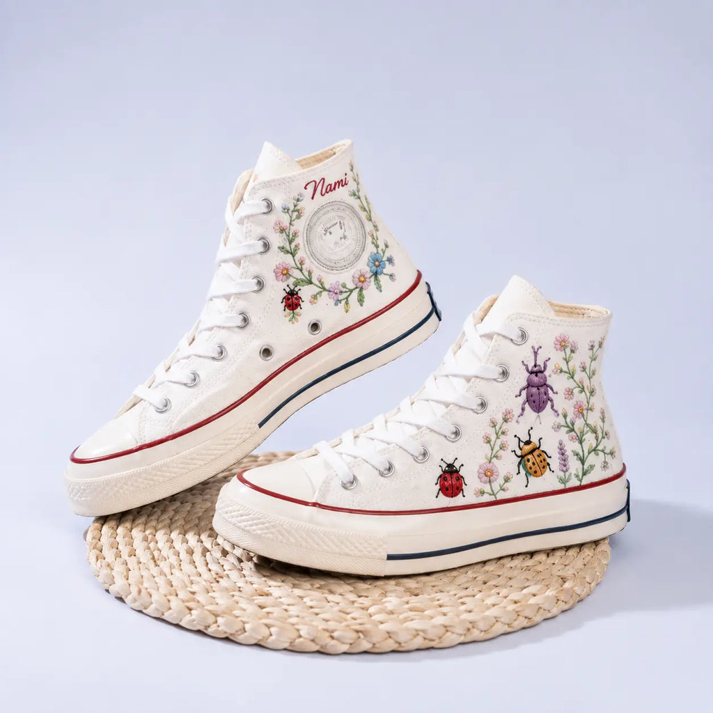 Custom Name Ladybug Hand Embroidered Sneakers