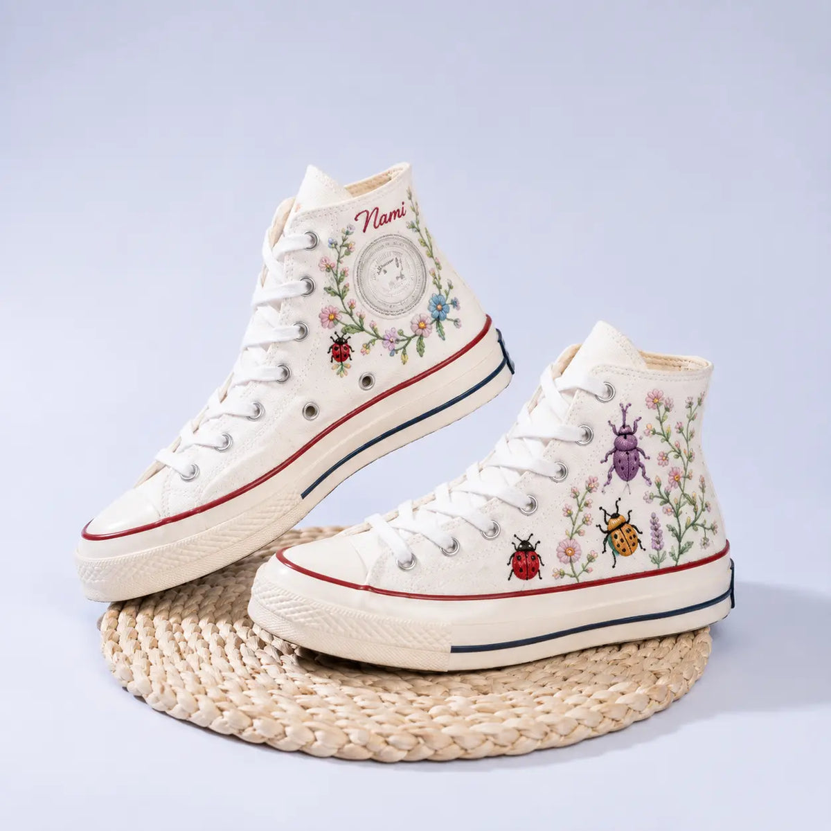 Custom Name Ladybug Hand Embroidered Sneakers