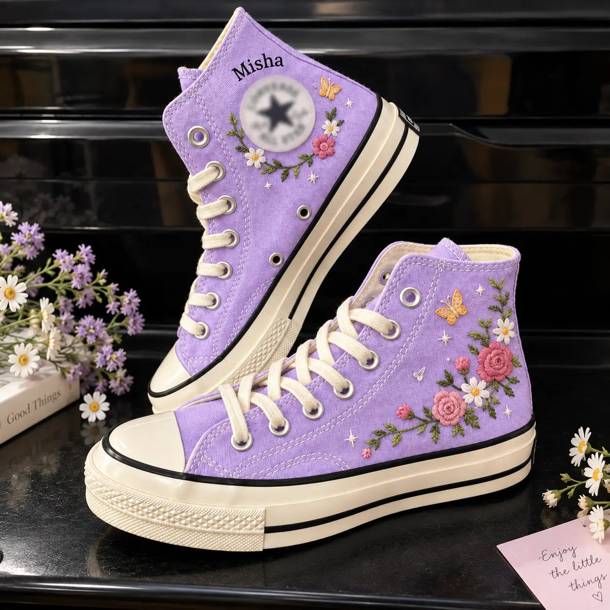 Custom Name Lavender Floral Hand Embroidered Sneakers
