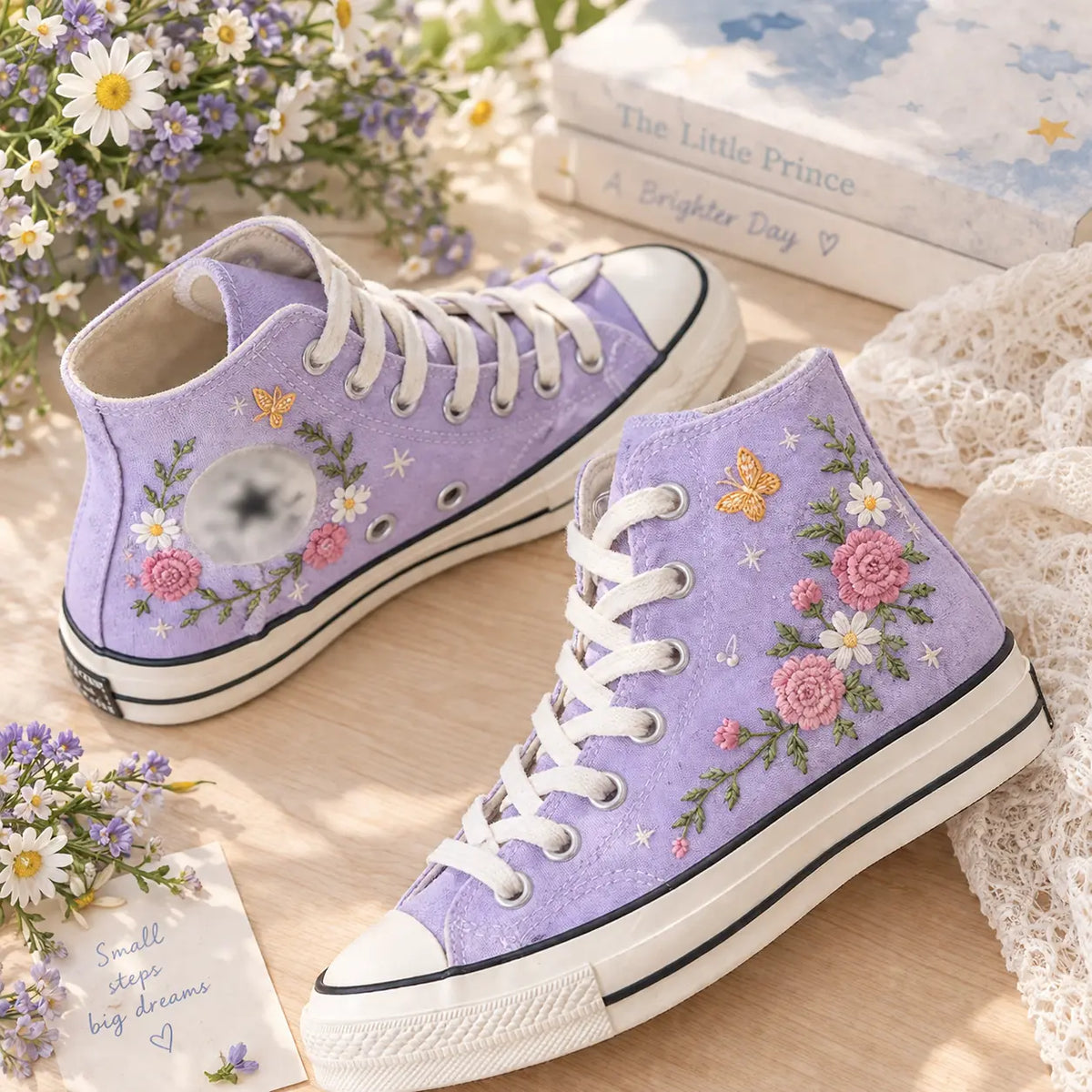 Custom Name Lavender Floral Hand Embroidered Sneakers