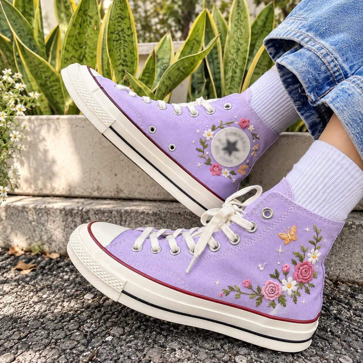 Custom Name Lavender Floral Hand Embroidered Sneakers