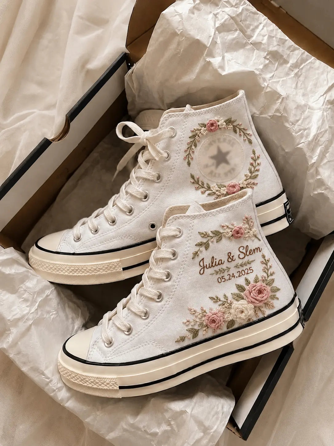 Custom Name Romantic Floral Wedding Sneakers
