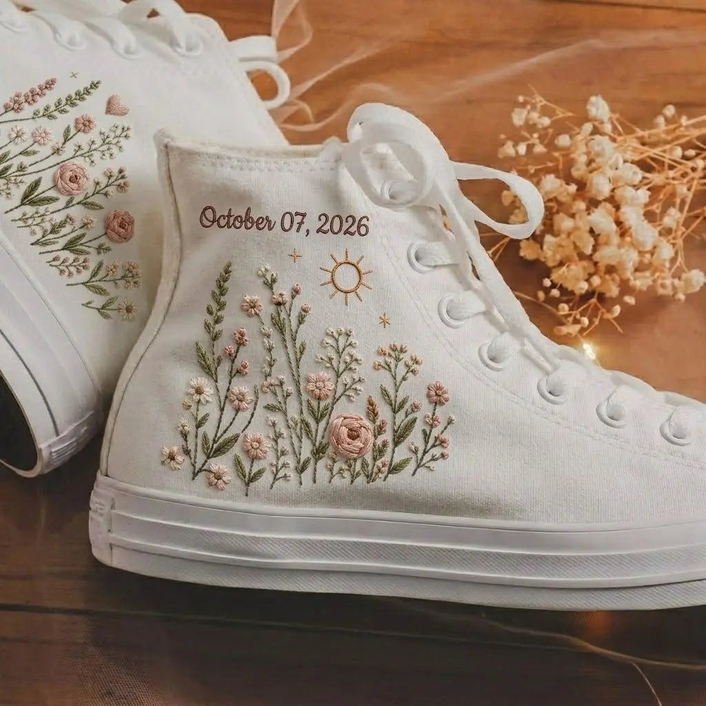 Custom Name Wildflower Embroidered Wedding Shoes