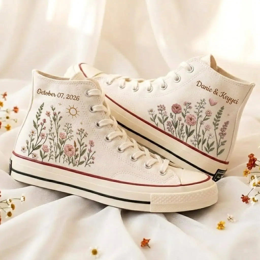 Custom Name Wildflower Embroidered Wedding Shoes