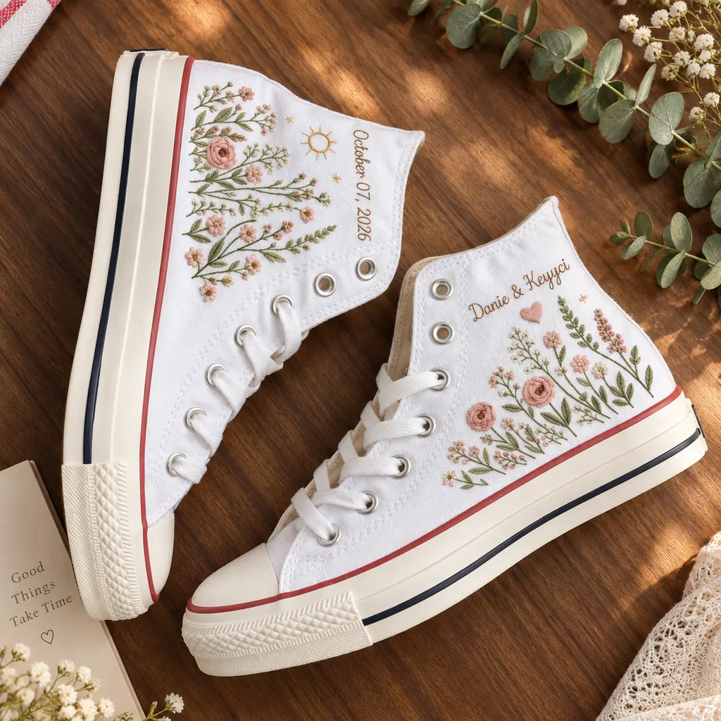 Custom Name Wildflower Embroidered Wedding Shoes