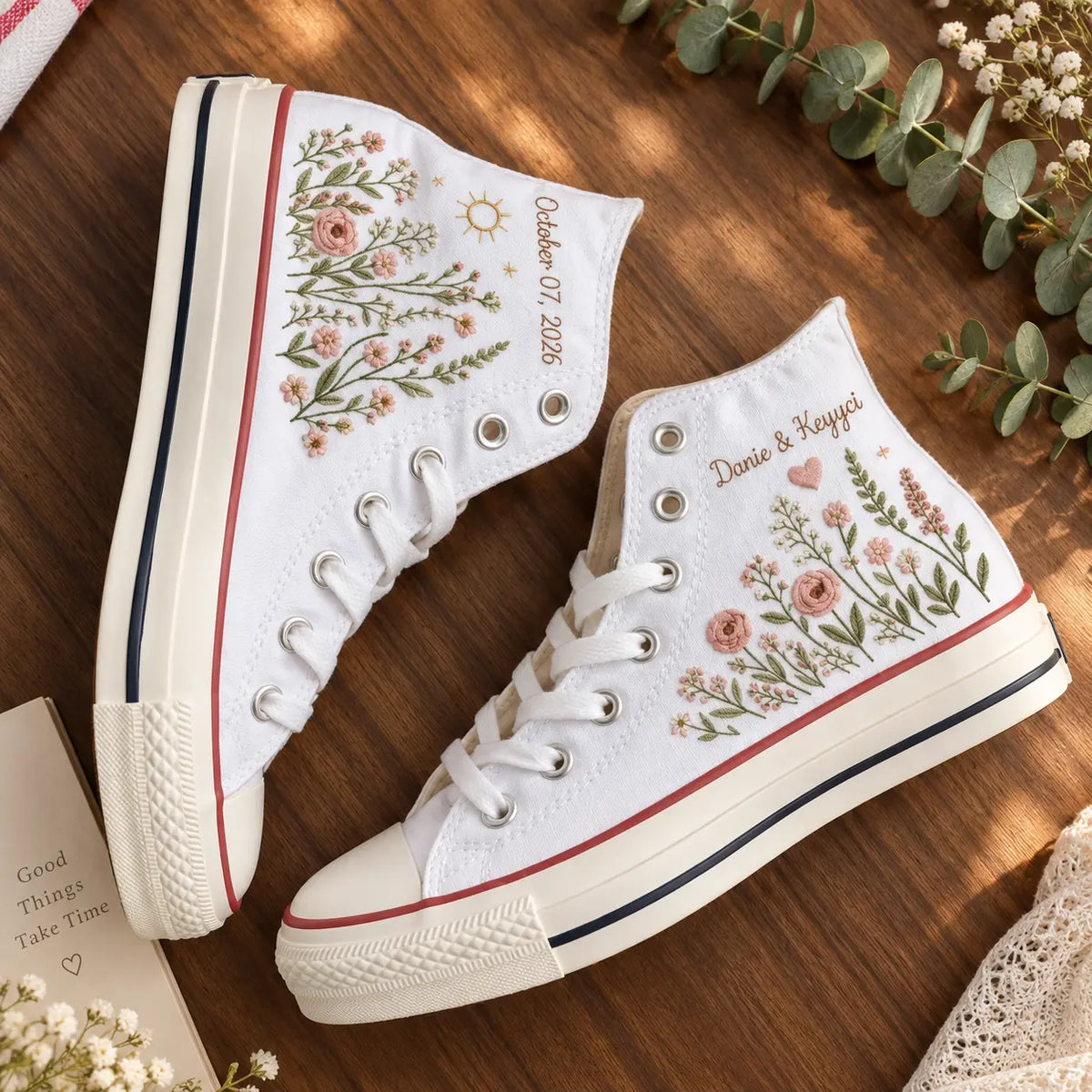 Custom Name Wildflower Embroidered Wedding Shoes