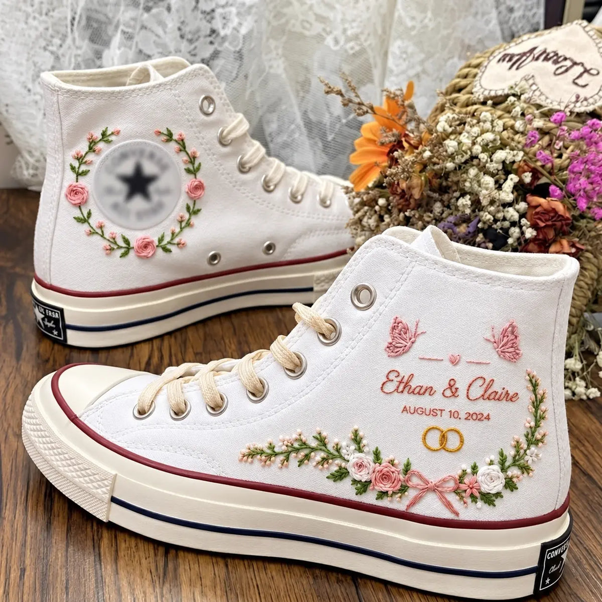 Custom Name Floral Garland Wedding Sneakers