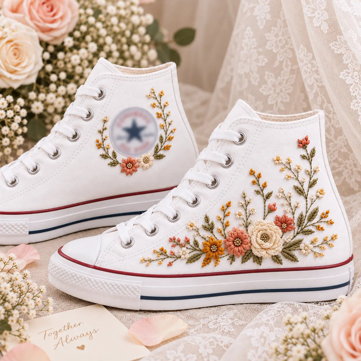 Embroidered Floral Wedding High Top Shoes