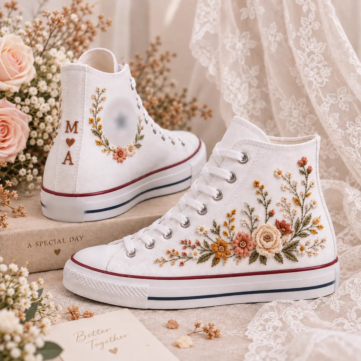 Embroidered Floral Wedding High Top Shoes