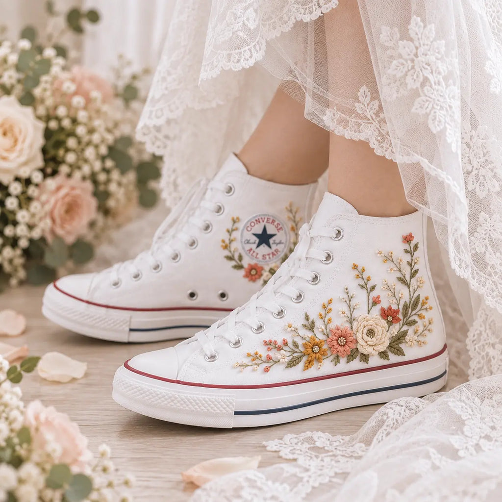 Embroidered Floral Wedding High Top Shoes
