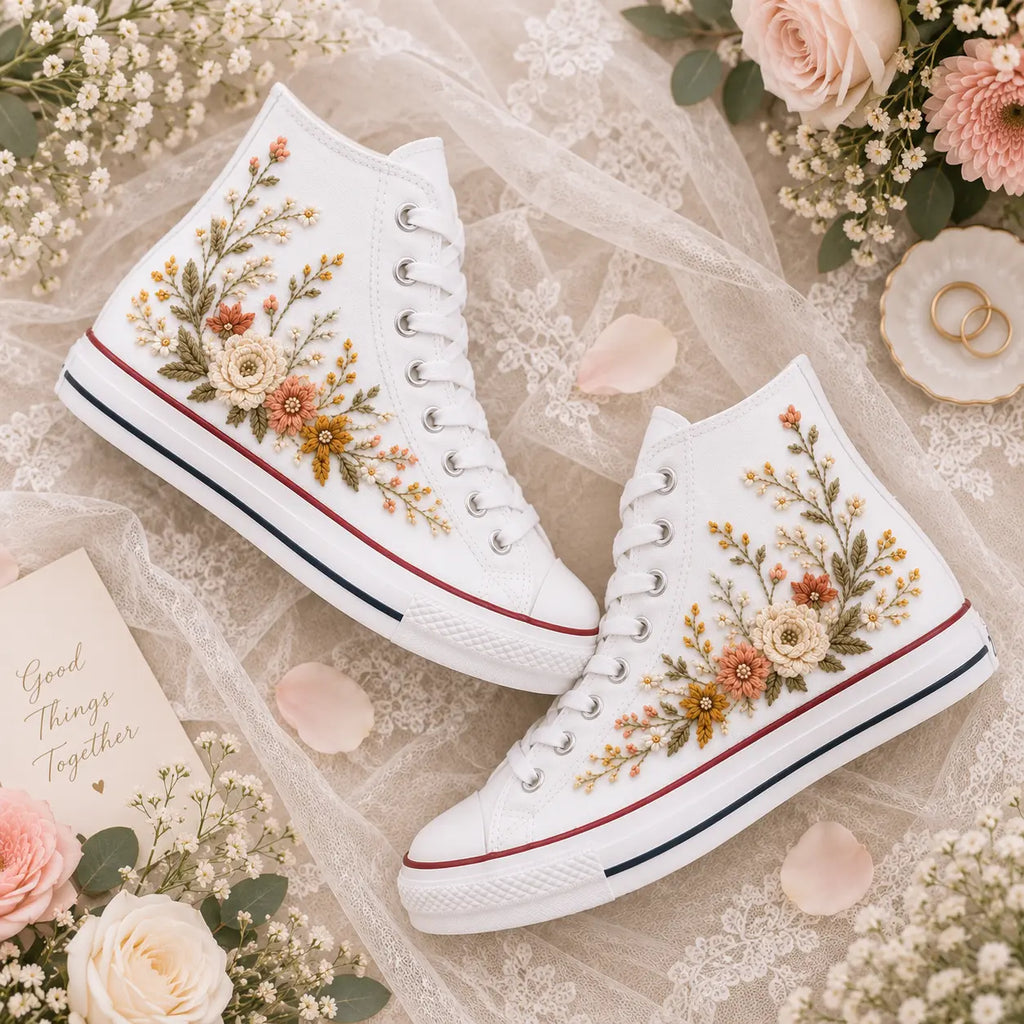 Embroidered Floral Wedding High Top Shoes