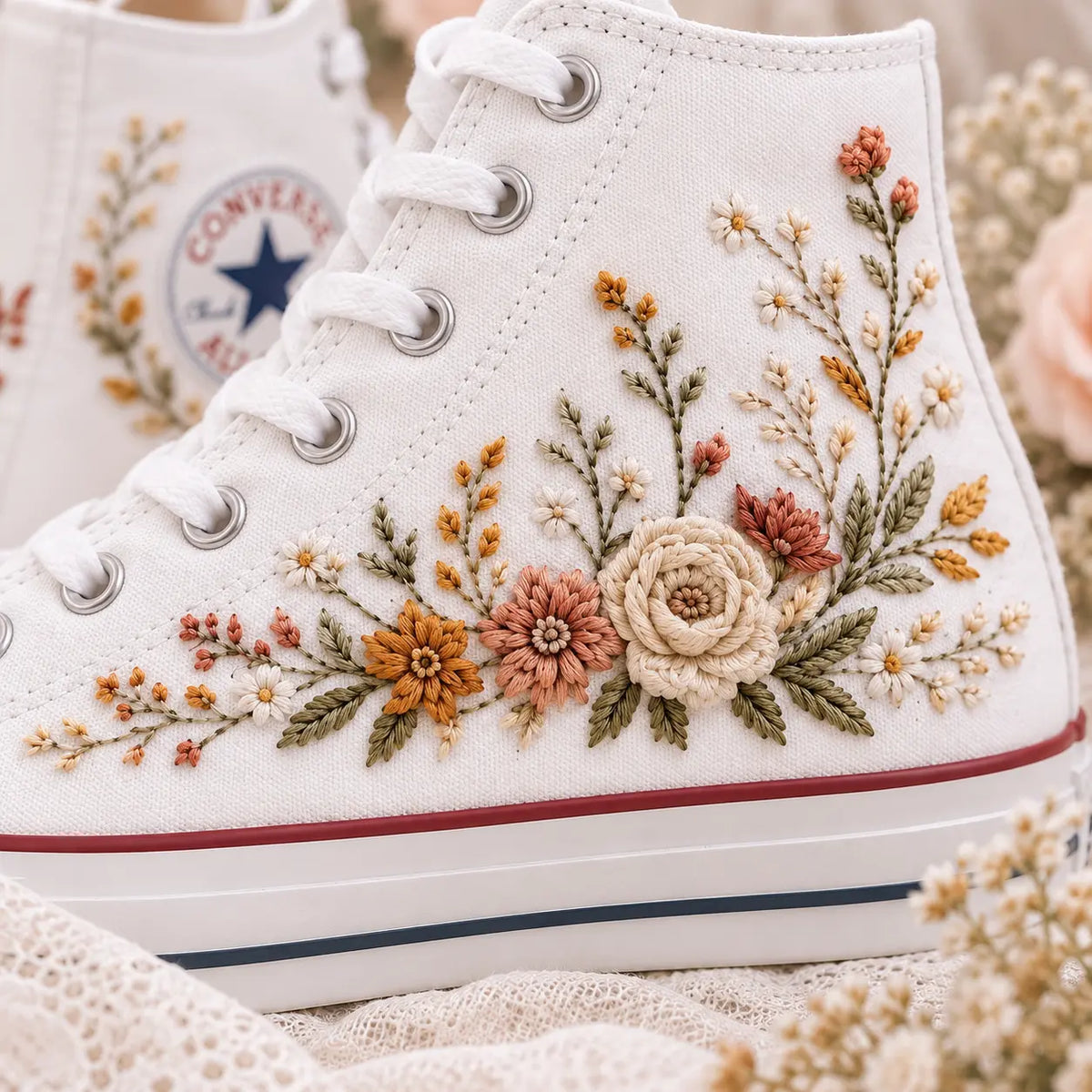 Embroidered Floral Wedding High Top Shoes