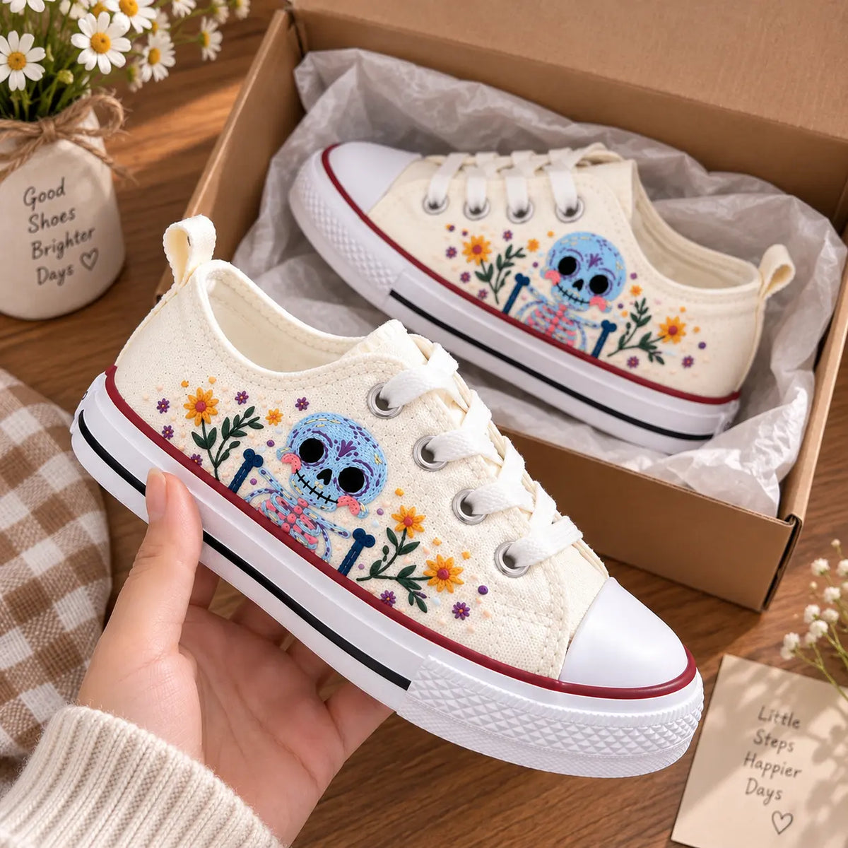 Kids Custom Skeleton Floral Embroidered Shoes