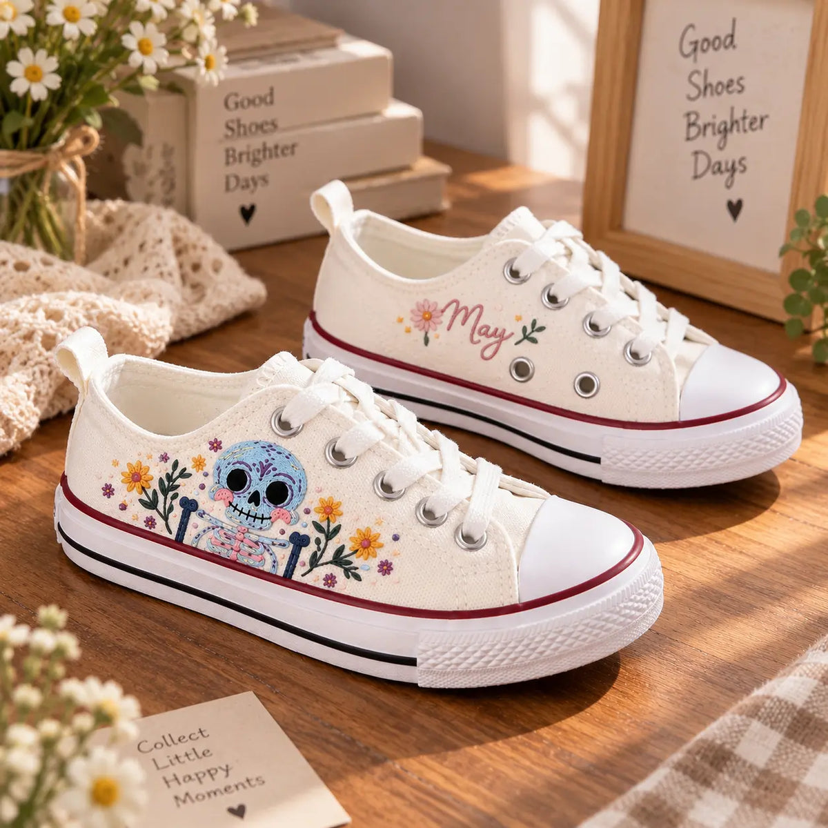 Kids Custom Skeleton Floral Embroidered Shoes